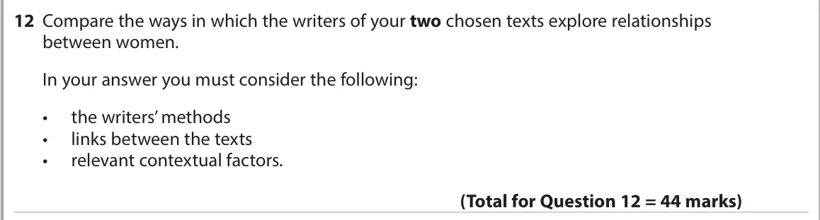 June 2022 AS Paper 2, question 12: Compare the ways in which the writers of your two chosen texts explore relationships between women. In your answer you must consider the following: • the writer