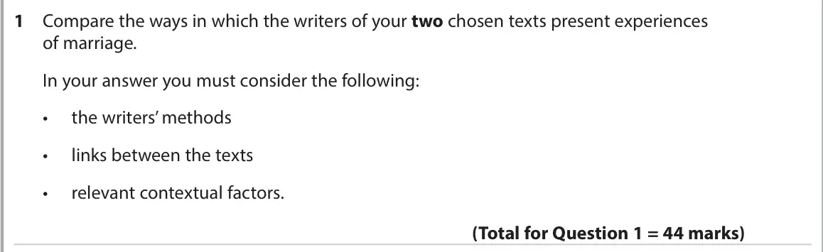 June 2023 AS Paper 2, question 1: Compare the ways in which the writers of your two chosen texts present experiences of marriage. In your answer you must consider the following: • the writers’ m