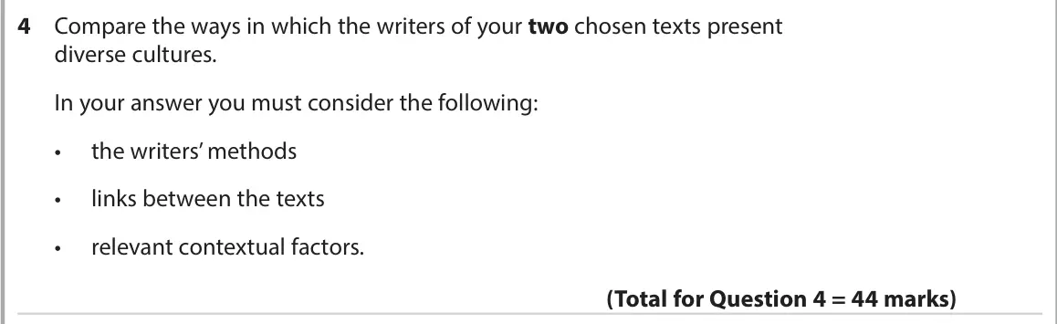 June 2023 AS Paper 2, question 4: Compare the ways in which the writers of your two chosen texts present diverse cultures. In your answer you must consider the following: • the writers’ methods 