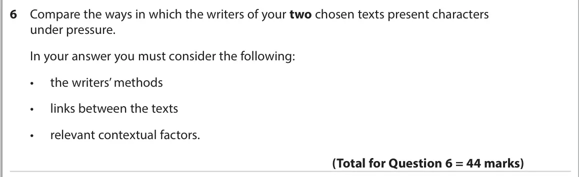 June 2023 AS Paper 2, question 6: Compare the ways in which the writers of your two chosen texts present characters under pressure. In your answer you must consider the following: • the writers’