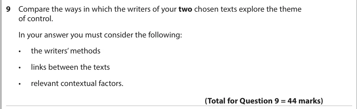 June 2023 AS Paper 2, question 9: Compare the ways in which the writers of your two chosen texts explore the theme of control. In your answer you must consider the following: • the writers’ meth