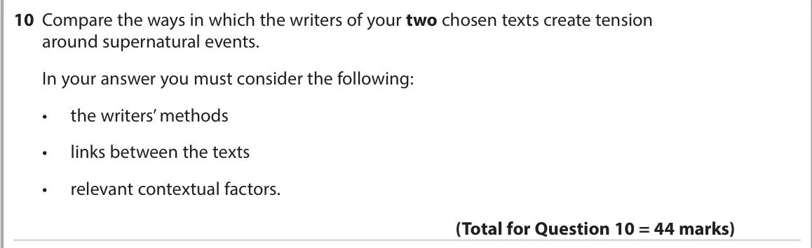 June 2023 AS Paper 2, question 10: Compare the ways in which the writers of your two chosen texts create tension around supernatural events. In your answer you must consider the following: • the 