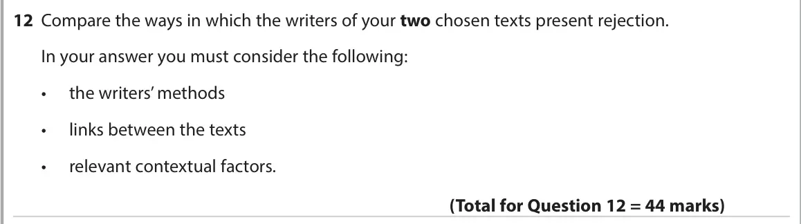 June 2023 AS Paper 2, question 12: Compare the ways in which the writers of your two chosen texts present rejection. In your answer you must consider the following: • the writers’ methods • links