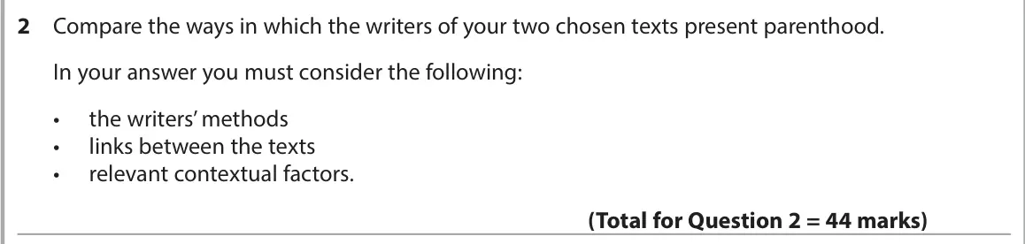 June 2024 AS Paper 2, question 2: Compare the ways in which the writers of your two chosen texts present parenthood. In your answer you must consider the following: • the writers’ methods • link