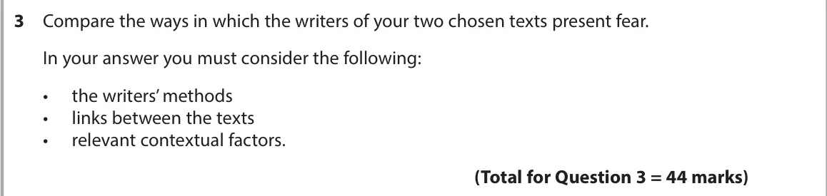June 2024 AS Paper 2, question 3: Compare the ways in which the writers of your two chosen texts present fear. In your answer you must consider the following: • the writers’ methods • links betw