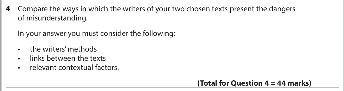 June 2024 AS Paper 2, question 4: Compare the ways in which the writers of your two chosen texts present the dangers of misunderstanding. In your answer you must consider the following: • the wr