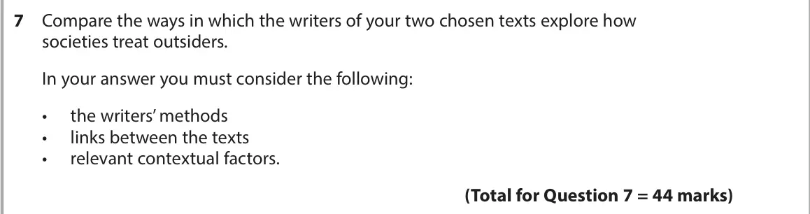 June 2024 AS Paper 2, question 7: Compare the ways in which the writers of your two chosen texts explore how societies treat outsiders. In your answer you must consider the following: • the writ