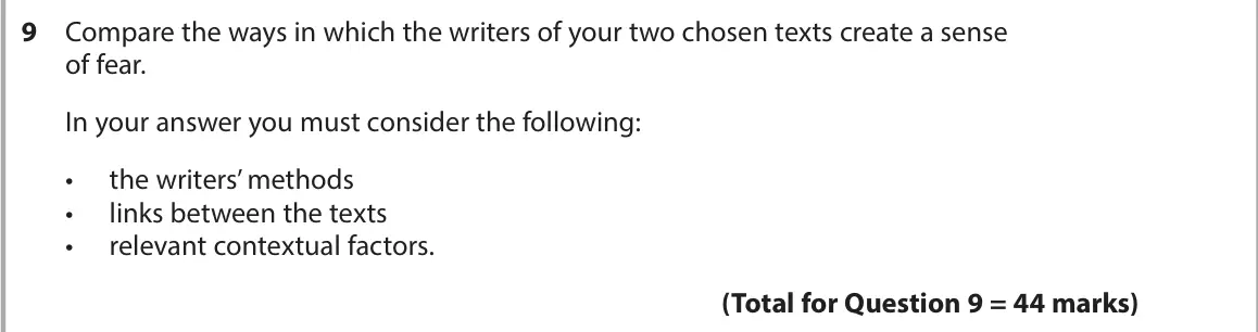 June 2024 AS Paper 2, question 9: Compare the ways in which the writers of your two chosen texts create a sense of fear. In your answer you must consider the following: • the writers’ methods • 