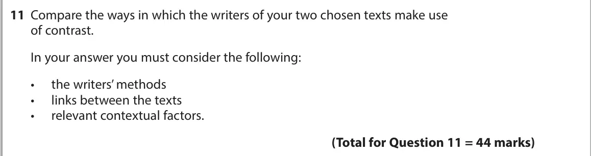 June 2024 AS Paper 2, question 11: Compare the ways in which the writers of your two chosen texts make use of contrast. In your answer you must consider the following: • the writers’ methods • li