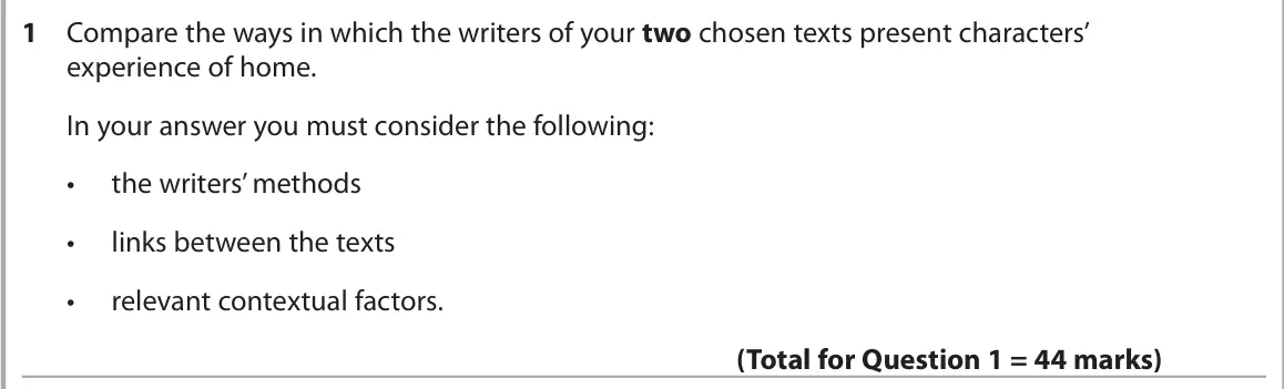 June 2025 AS Paper 2, question 1: Compare the ways in which the writers of your two chosen texts present characters’ experience of home. In your answer you must consider the following: • the wri