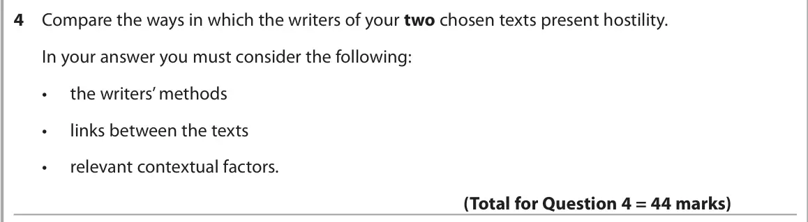 June 2025 AS Paper 2, question 4: Compare the ways in which the writers of your two chosen texts present hostility. In your answer you must consider the following: • the writers’ methods • links