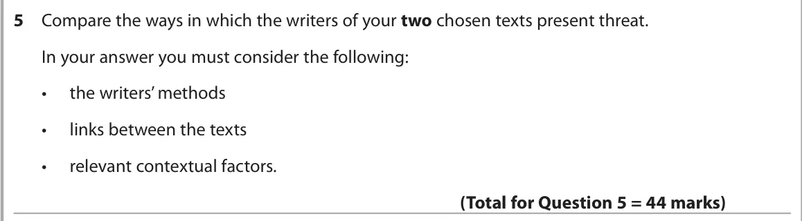 June 2025 AS Paper 2, question 5: Compare the ways in which the writers of your two chosen texts present threat. In your answer you must consider the following: • the writers’ methods • links be