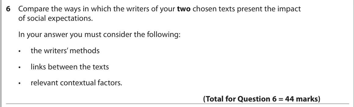 June 2025 AS Paper 2, question 6: Compare the ways in which the writers of your two chosen texts present the impact of social expectations. In your answer you must consider the following: • the 