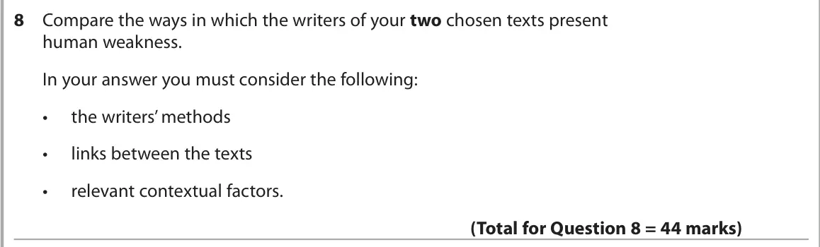 June 2025 AS Paper 2, question 8: Compare the ways in which the writers of your two chosen texts present human weakness. In your answer you must consider the following: • the writers’ methods • 
