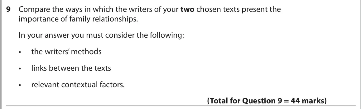 June 2025 AS Paper 2, question 9: Compare the ways in which the writers of your two chosen texts present the importance of family relationships. In your answer you must consider the following: •