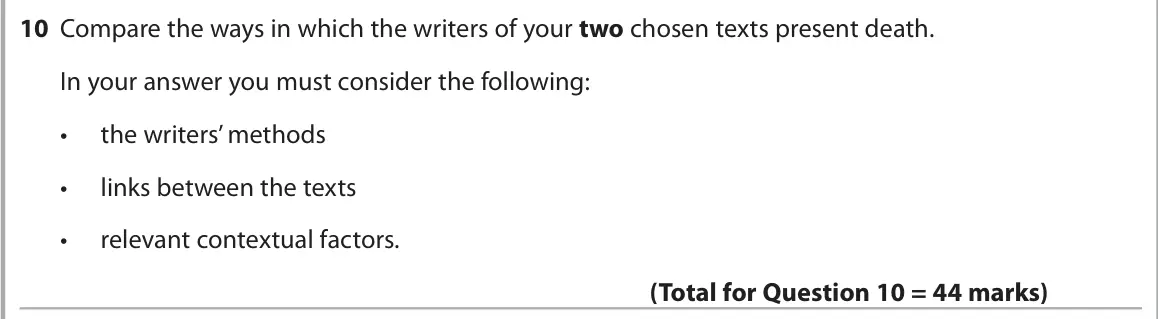 June 2025 AS Paper 2, question 10: Compare the ways in which the writers of your two chosen texts present death. In your answer you must consider the following: • the writers’ methods • links bet