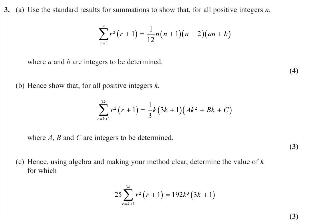 June 2024 AS Core Pure, question 3: (a) Use the standard results for summations to show that, for all positive integers n, r r n n n an b r n 2 1 1 1 12 1 2  where a and b are integers to be dete