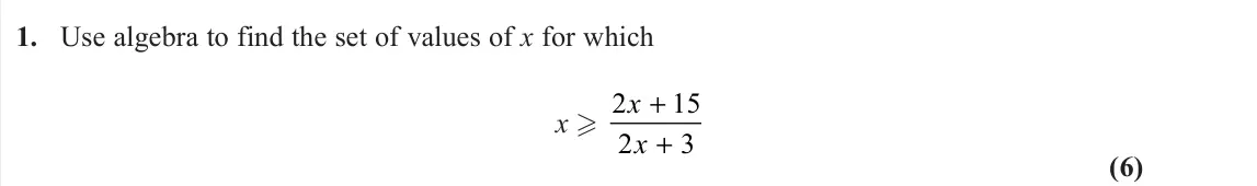 June 2022 AS Further Pure 1, question 1: Use algebra to find the set of values of x for which x 2 15 2 3 x x + + (6)