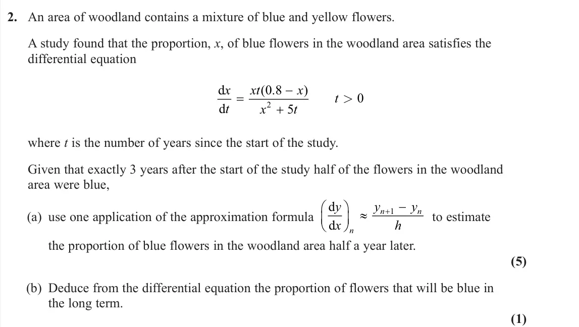 June 2024 AS Further Pure 1, question 2: An area of woodland contains a mixture of blue and yellow flowers. A study found that the proportion, x, of blue flowers in the woodland area satisfies the diff