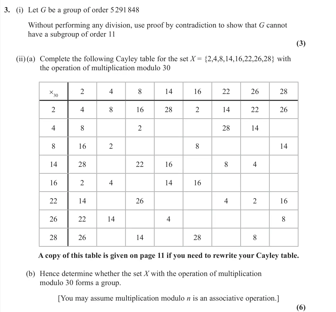 June 2022 AS Further Pure 2, question 3: (i) Let G be a group of order 5 291 848 Without performing any division, use proof by contradiction to show that G cannot have a subgroup of order 11 (3) (ii) (