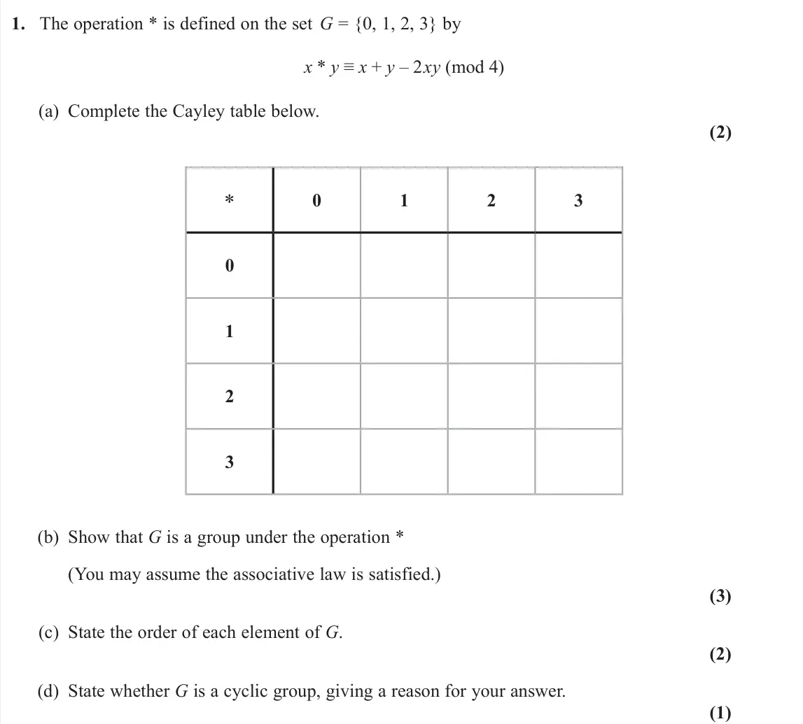 June 2023 AS Further Pure 2, question 1: The operation * is defined on the set G = {0, 1, 2, 3} by x * y ≡ x + y – 2xy (mod 4) (a) Complete the Cayley table below. (2) * 0 1 2 3 0 1 2 3 (b) Show that G