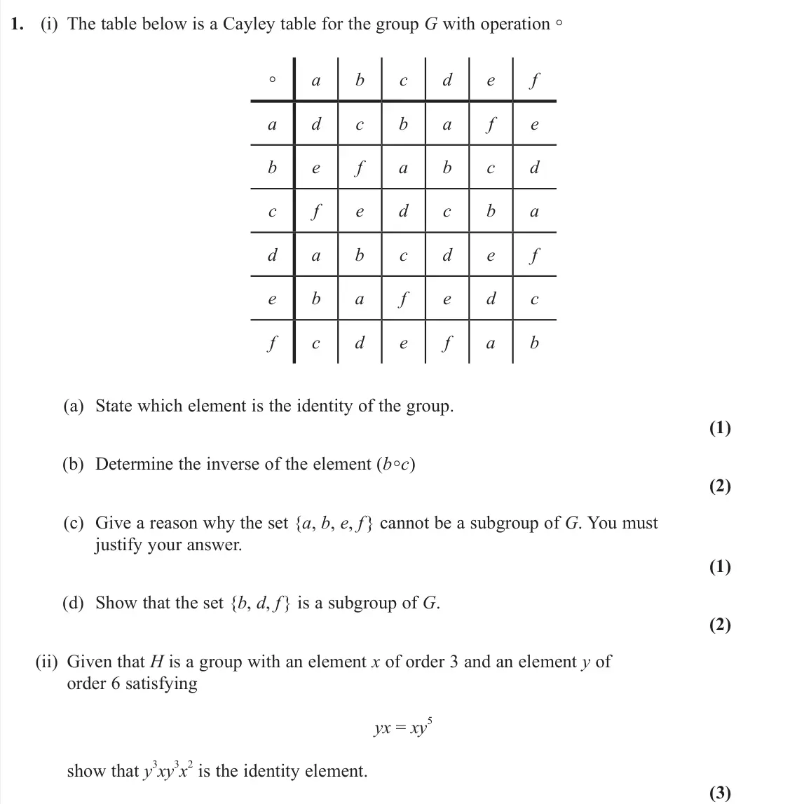 June 2024 AS Further Pure 2, question 1: (i) The table below is a Cayley table for the group G with operation ° ° a b c d e f a d c b a f e b e f a b c d c f e d c b a d a b c d e f e b a f e d c f c d