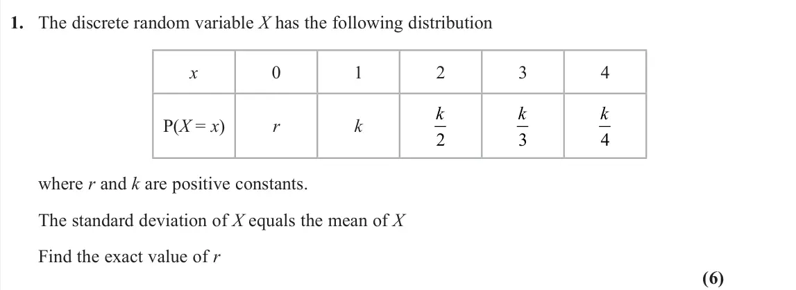 June 2023 AS Further Statistics 1, question 1: The discrete random variable X has the following distribution x 0 1 2 3 4 P(X = x) r k k 2 k 3 k 4 where r and k are positive constants. The standard deviation