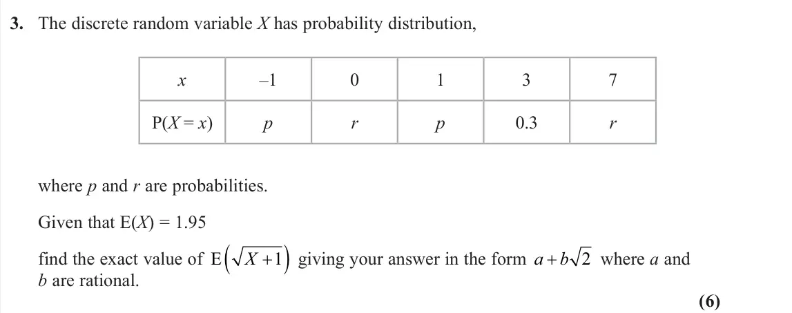 June 2024 AS Further Statistics 1, question 3: The discrete random variable X has probability distribution, x –1 0 1 3 7 P(X = x) p r p 0.3 r where p and r are probabilities. Given that E(X) = 1.95 find the