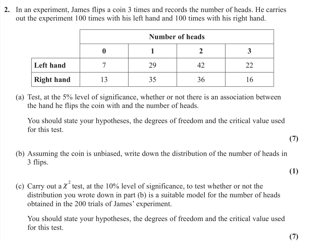 November 2020 AS Further Statistics 1, question 2: In an experiment, James flips a coin 3 times and records the number of heads. He carries out the experiment 100 times with his left hand and 100 times with his