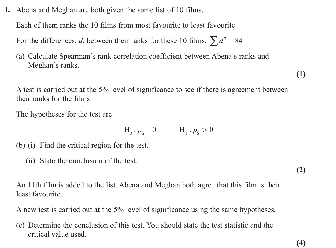June 2022 AS Further Statistics 2, question 1: Abena and Meghan are both given the same list of 10 films. Each of them ranks the 10 films from most favourite to least favourite. For the differences, d, betwe