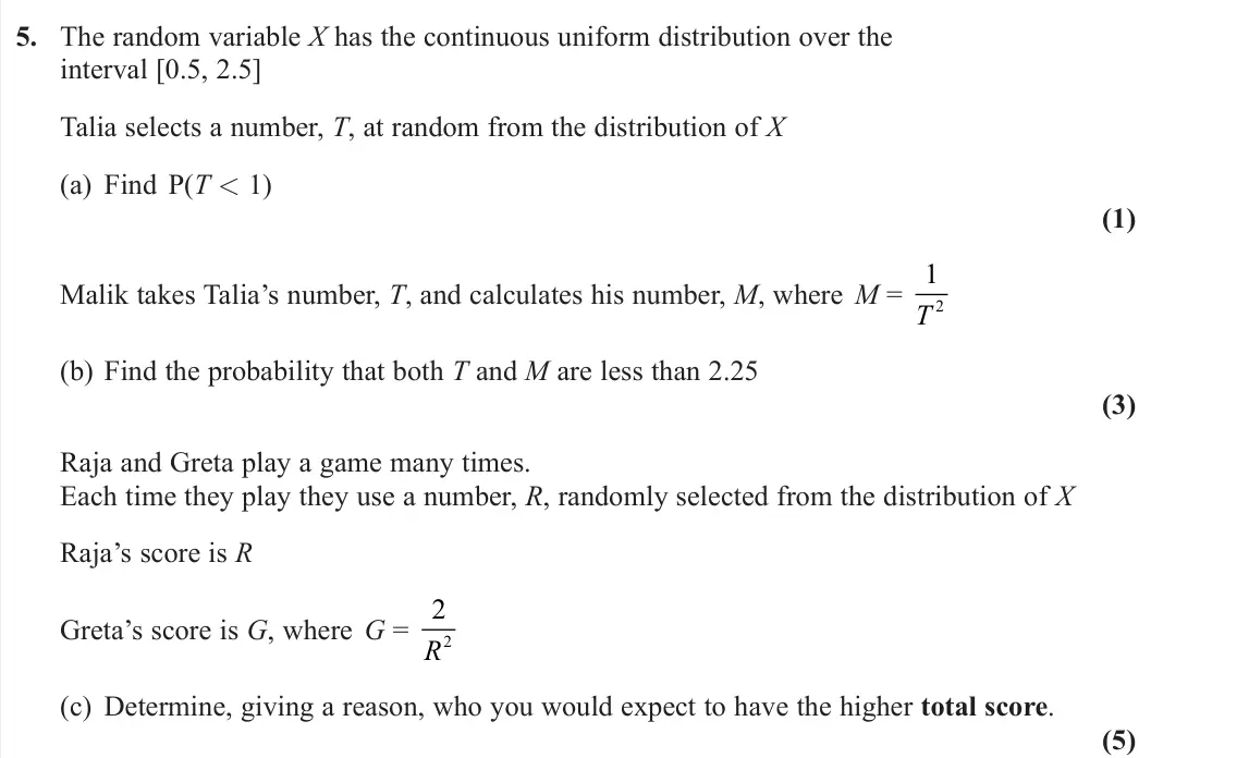June 2022 AS Further Statistics 2, question 5: The random variable X has the continuous uniform distribution over the interval [0.5, 2.5] Talia selects a number, T, at random from the distribution of X (a) F