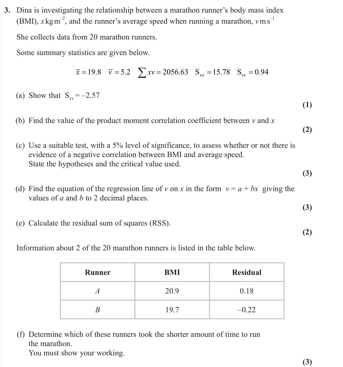 June 2025 AS Further Statistics 2, question 3: Dina is investigating the relationship between a marathon runner’s body mass index (BMI), x kg m –2, and the runner’s average speed when running a marathon, v m