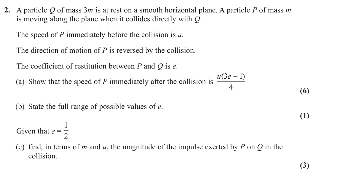 June 2025 AS Further Mechanics 1, question 2: A particle Q of mass 3m is at rest on a smooth horizontal plane. A particle P of mass m is moving along the plane when it collides directly with Q. The speed of