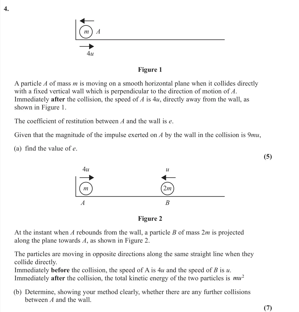 June 2025 AS Further Mechanics 1, question 4: m A 4u Figure 1 A particle A of mass m is moving on a smooth horizontal plane when it collides directly with a fixed vertical wall which is perpendicular to the