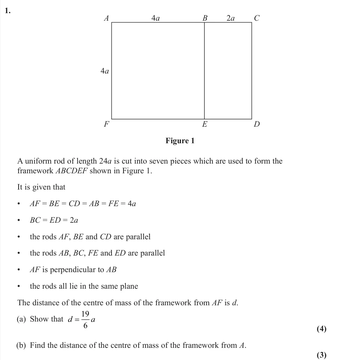 June 2024 AS Further Mechanics 2, question 1: A 4a B 2a C 4a F E D Figure 1 A uniform rod of length 24a is cut into seven pieces which are used to form the framework ABCDEF shown in Figure 1. It is given th