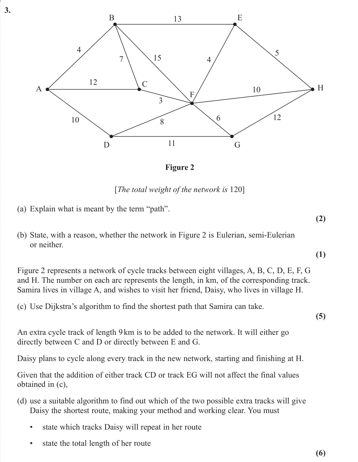 June 2022 AS Decision 1, question 3: A C B D E F 4 G H 10 12 7 15 13 3 8 11 6 4 5 10 12 Figure 2 [The total weight of the network is 120] (a) Explain what is meant by the term “path”. (2) (b) State