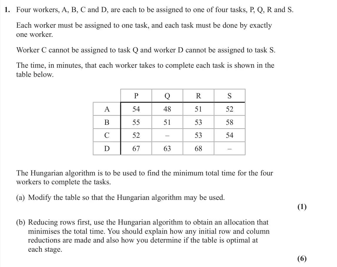 June 2022 AS Decision 2, question 1: Four workers, A, B, C and D, are each to be assigned to one of four tasks, P, Q, R and S. Each worker must be assigned to one task, and each task must be done b