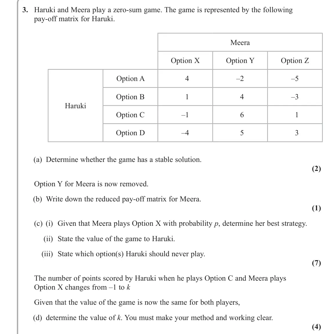 June 2024 AS Decision 2, question 3: Haruki and Meera play a zero‑sum game. The game is represented by the following pay‑off matrix for Haruki. Meera Option X Option Y Option Z Haruki Option A 4 –2