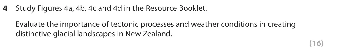 June 2018 AS Paper 1, question 4: Study Figures 4a, 4b, 4c and 4d in the Resource Booklet. Evaluate the importance of tectonic processes and weather conditions in creating distinctive glacial la