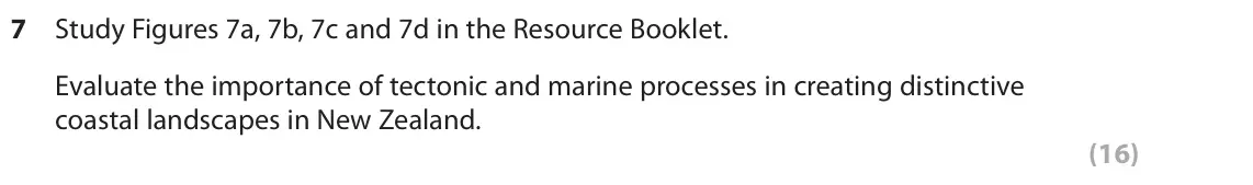 June 2018 AS Paper 1, question 7: Study Figures 7a, 7b, 7c and 7d in the Resource Booklet. Evaluate the importance of tectonic and marine processes in creating distinctive coastal landscapes in