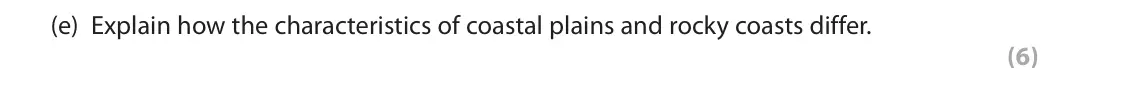 June 2019 AS Paper 1, question 5(e): Explain how the characteristics of coastal plains and rocky coasts differ. (6) SECTION C The following resources relate to Questions 5–7. Figure 5b Recent cliff