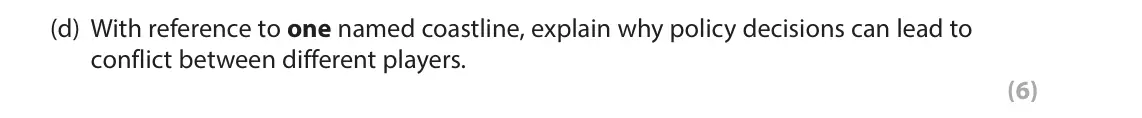 June 2022 AS Paper 1, question 4(d): With reference to one named coastline, explain why policy decisions can lead to conflict between different players. (6) SECTION C The following resources relate