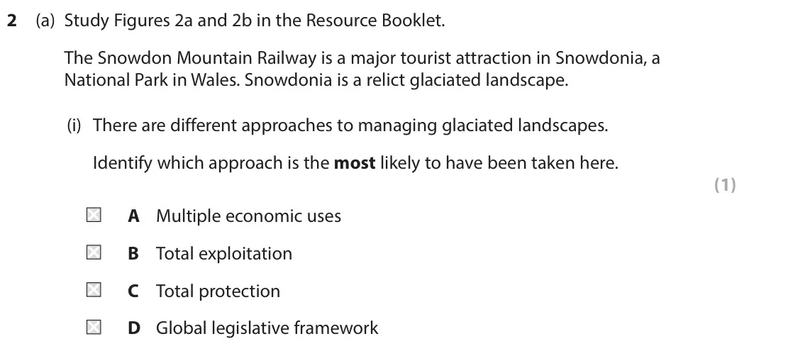 June 2023 AS Paper 1, question 2(a)(i): There are different approaches to managing glaciated landscapes. Identify which approach is the most likely to have been taken here. (1) A Multiple economic use