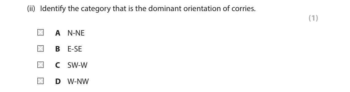 June 2023 AS Paper 1, question 3(a)(ii): Identify the category that is the dominant orientation of corries. (1) A N-NE B E-SE C SW-W D W-NW