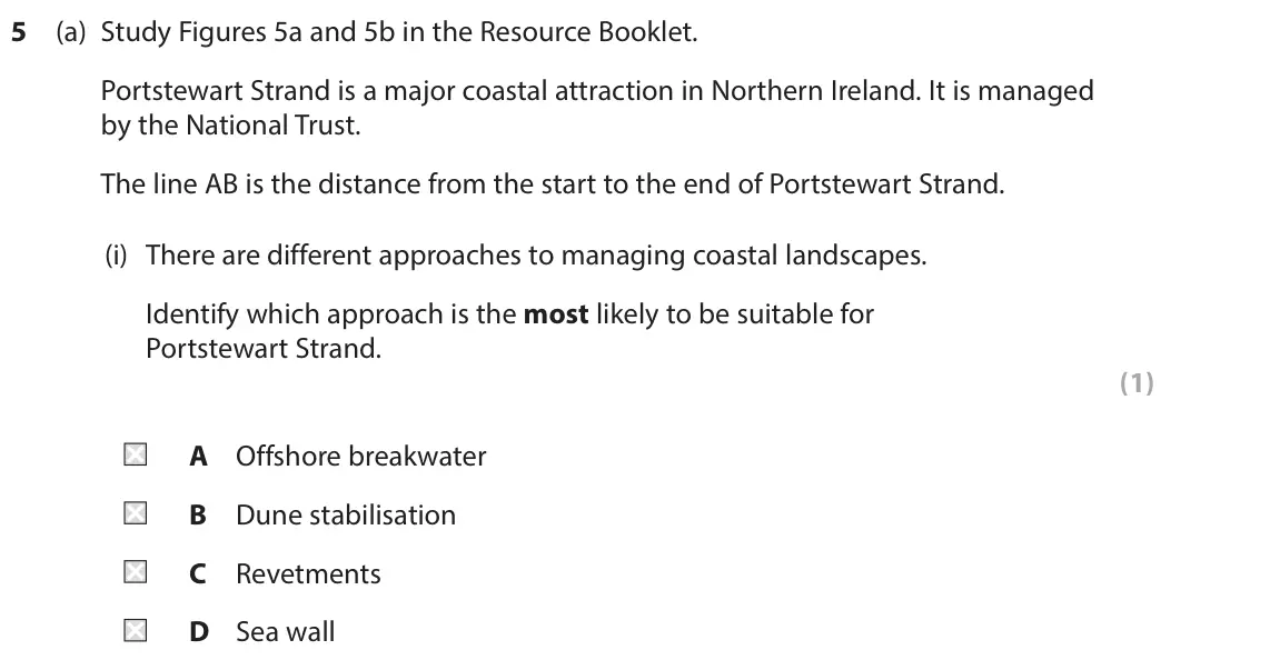 June 2023 AS Paper 1, question 5(a)(i): There are different approaches to managing coastal landscapes. Identify which approach is the most likely to be suitable for Portstewart Strand. (1) A Offshore 