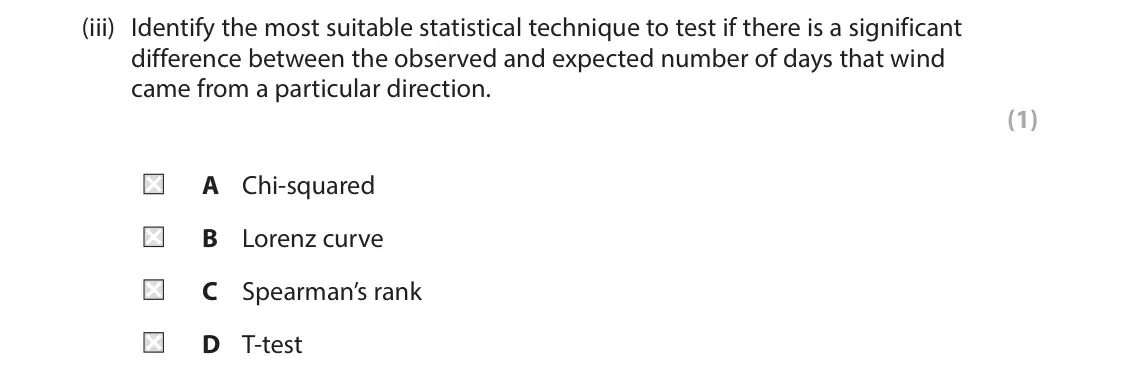 June 2023 AS Paper 1, question 6(a)(iii): Identify the most suitable statistical technique to test if there is a significant difference between the observed and expected number of days that wind came fr