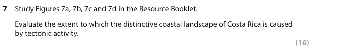 June 2023 AS Paper 1, question 7: Study Figures 7a, 7b, 7c and 7d in the Resource Booklet. Evaluate the extent to which the distinctive coastal landscape of Costa Rica is caused by tectonic acti