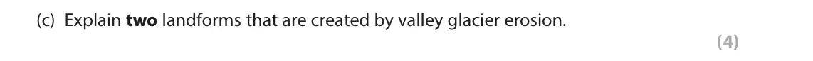June 2024 AS Paper 1, question 2(c): Explain two landforms that are created by valley glacier erosion. (4) SECTION B The following resources relate to Question 2 and 3. Diameter of stone polygon Fi