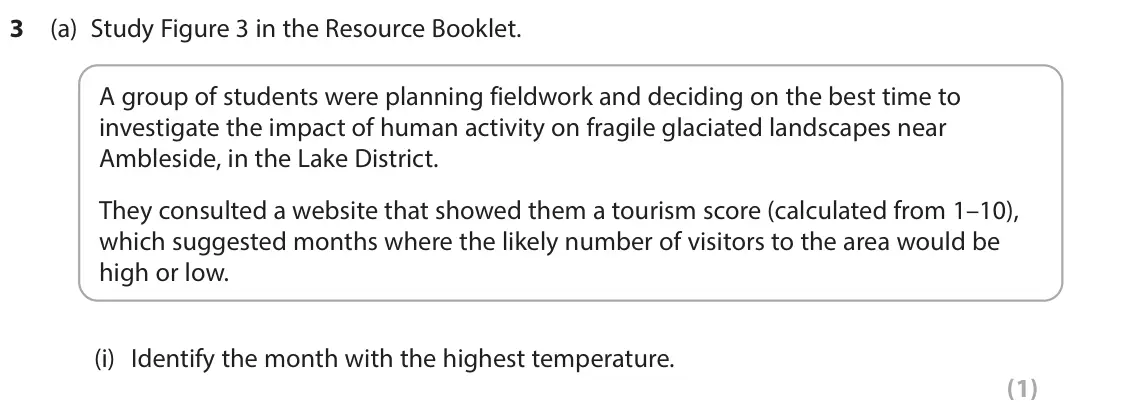 June 2024 AS Paper 1, question 3(a)(i): Identify the month with the highest temperature. (1) 16 14 12 10 Average 8 7 6 temperature (°C) 6 5 4 4 4 3 2 2 2 1 1 1 1 0 Jan Feb Mar Apr May Jun Jul Aug Sep
