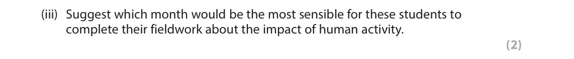 June 2024 AS Paper 1, question 3(a)(iii): Suggest which month would be the most sensible for these students to complete their fieldwork about the impact of human activity. (2) 16 14 12 10 Average 8 7 6